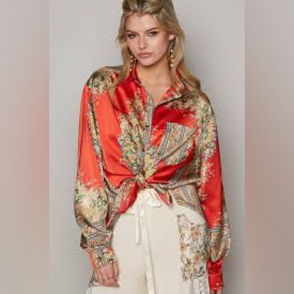 POL Tops - NWT Long Sleeve Woven Prints Button Down Shirt in Red